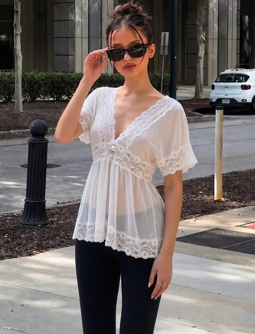White Sheer Lace V-Neck Top
