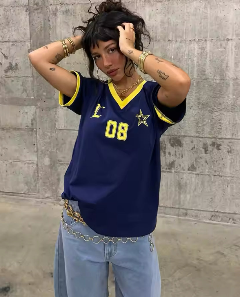 Oversized V-Neck Sports Jersey Top