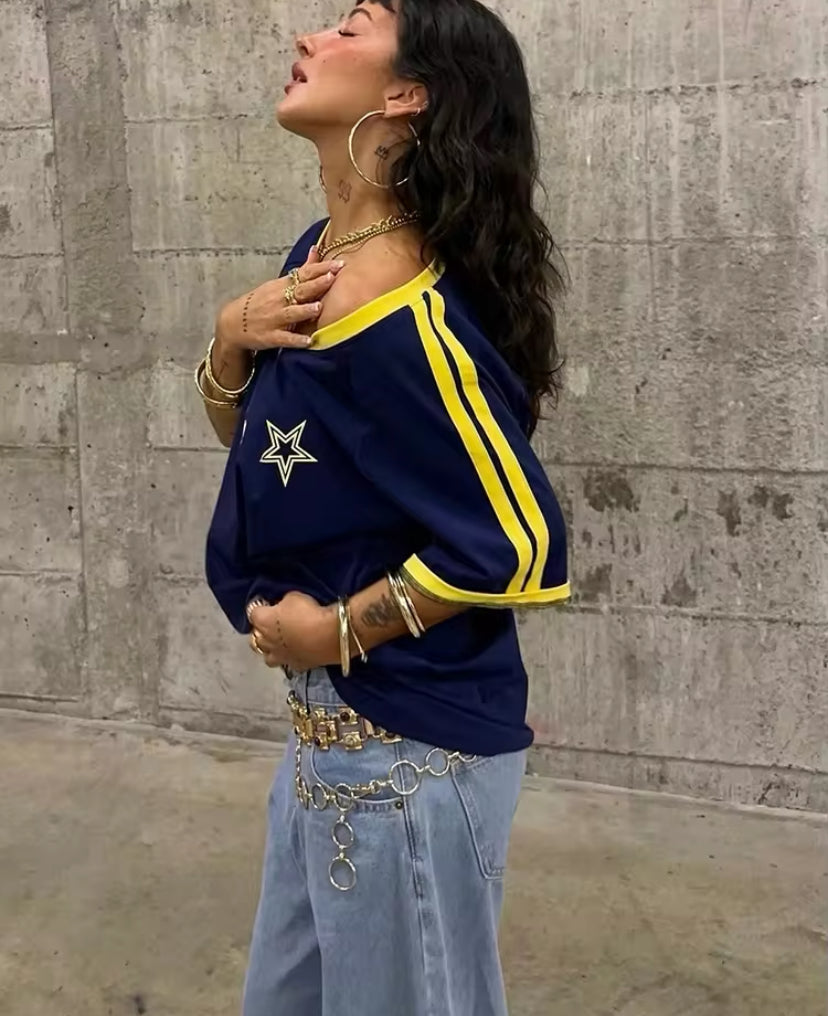Oversized V-Neck Sports Jersey Top