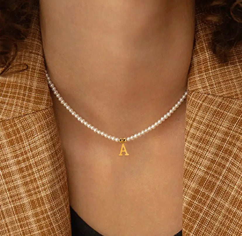 Pearl Bead Gold Initial Necklace