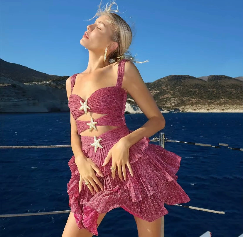 Pink Sparkly Cut Out Starfish Detail Mini Dress
