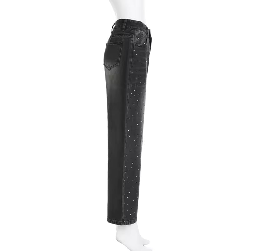 Faded Black Sparkly Diamanté Embellished Straight Leg Jeans