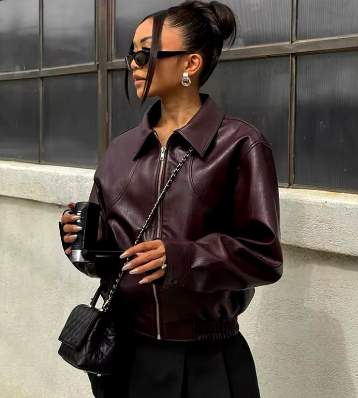 Burgundy Collared Zip Up Bomber Jacket