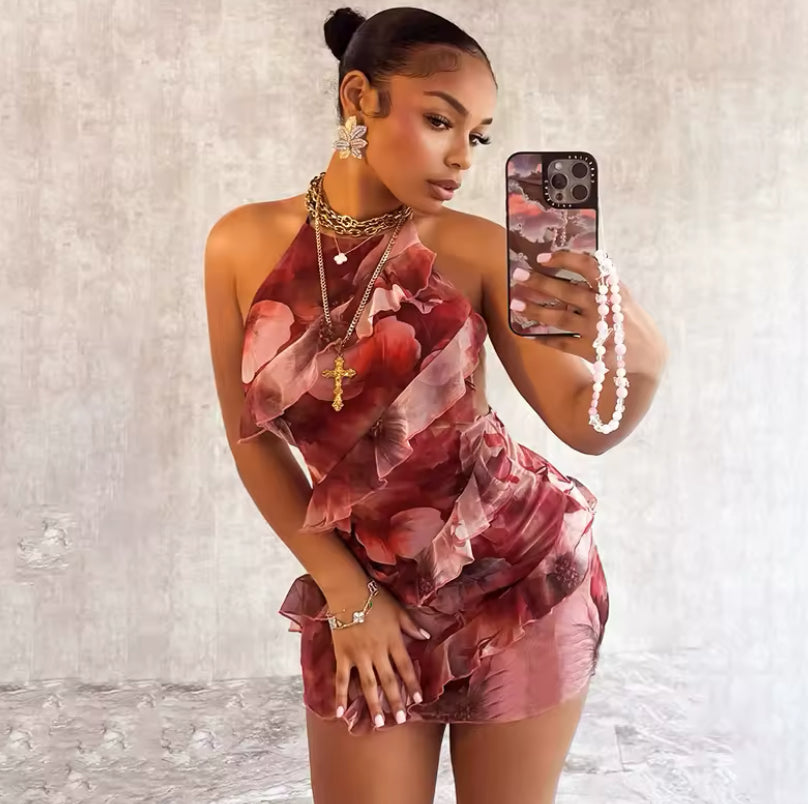 High Neck Backless Tie Up Floral Print Mesh Ruffle Mini Dress