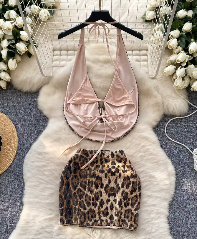 Sequin Leopard Print Hanging Halterneck Mini Skirt Co-Ord