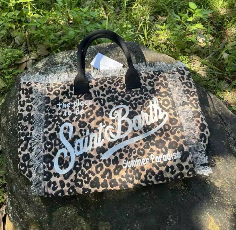 Large Slogan Print Frayed Canvas Tassel Tote Shoulder Bag