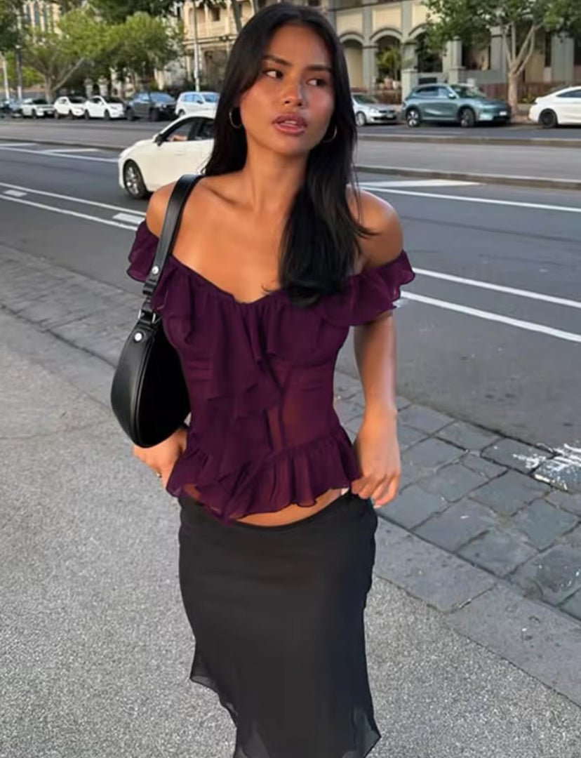 Plum Sheer Mesh Off-Shoulder Corset Top