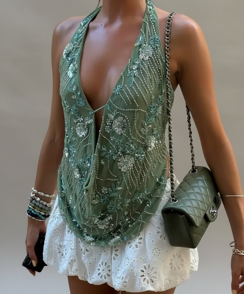 Green Sequin Mesh Hanging Cowl Neck Backless Top