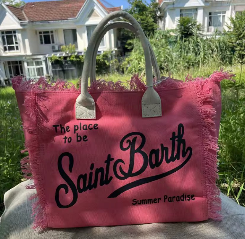 Large Slogan Print Frayed Canvas Tassel Tote Shoulder Bag