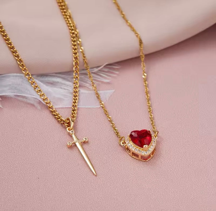 Heart & Sword Necklace Set