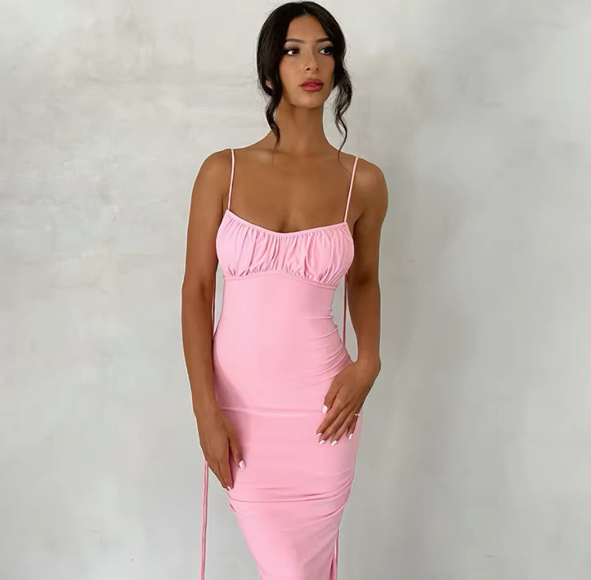 Ruched Backless Tie Up Maxi Dress