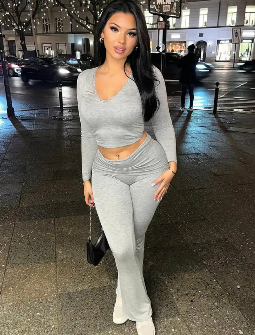 Lace Hem Tight Fitting Flare Legging Co-Ord
