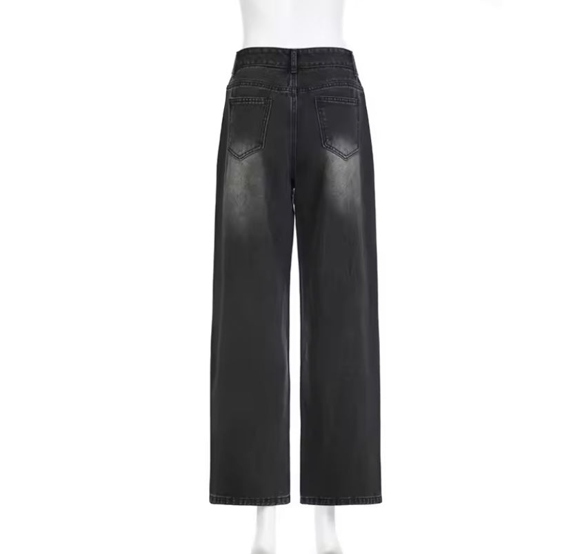 Faded Black Sparkly Diamanté Embellished Straight Leg Jeans
