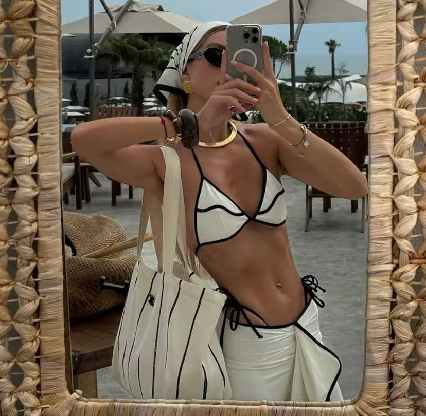 Black & White Contrast Seam Ruffle Maxi Skirt Beachwear Bikini Set