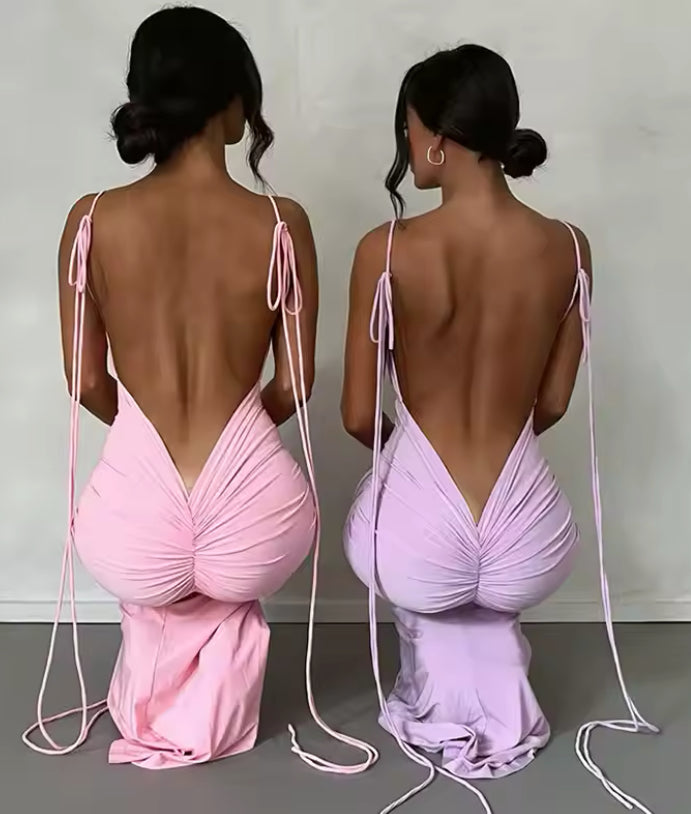 Ruched Backless Tie Up Maxi Dress