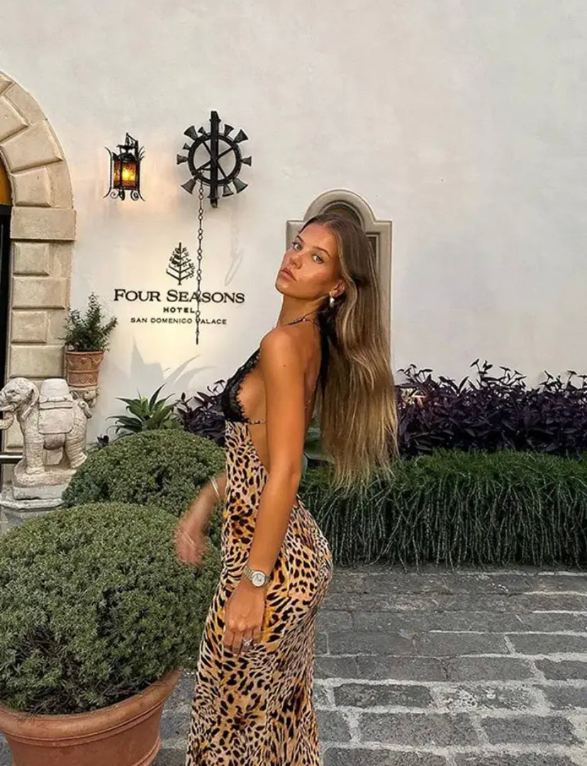 Leopard Print Black Lace V-Neck Maxi Dress