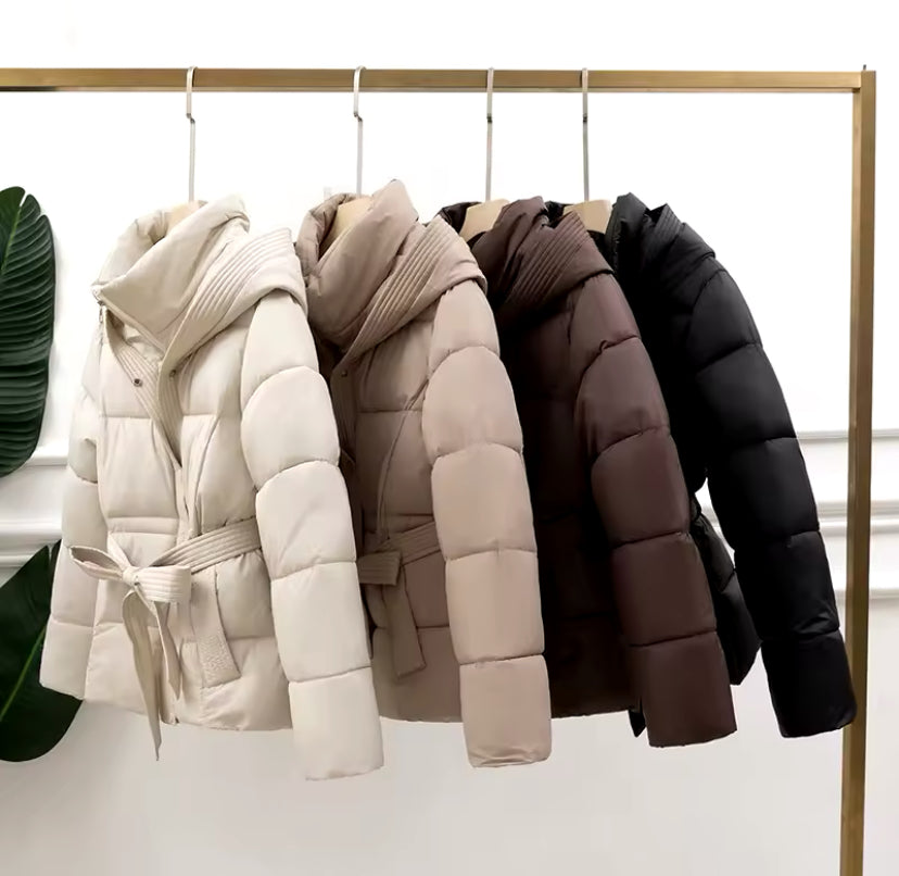 Hooded Tie Up Waist Puffer Jacket