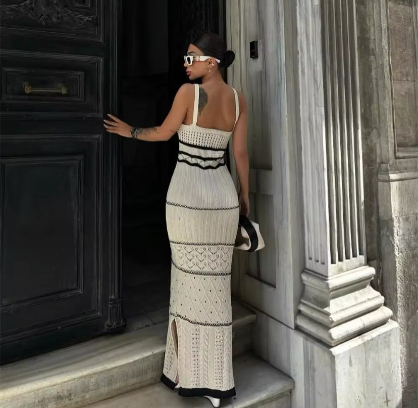 Crochet Knitted Patterned Side Split Maxi Dress