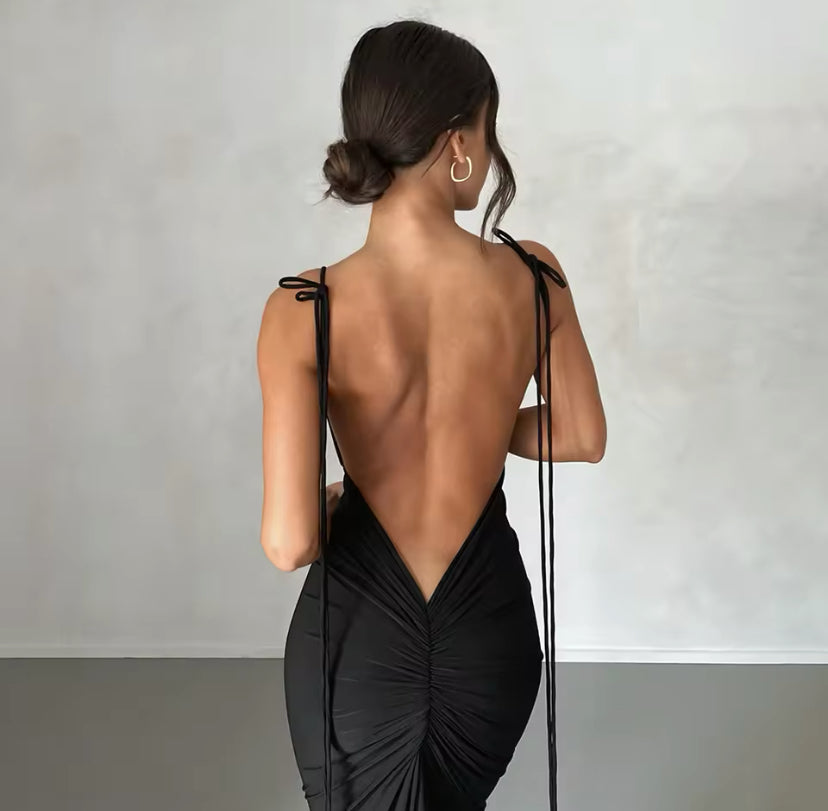 Ruched Backless Tie Up Maxi Dress