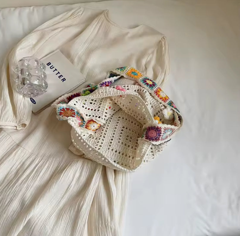 Crochet Knitted Flower Detail Tote Bag