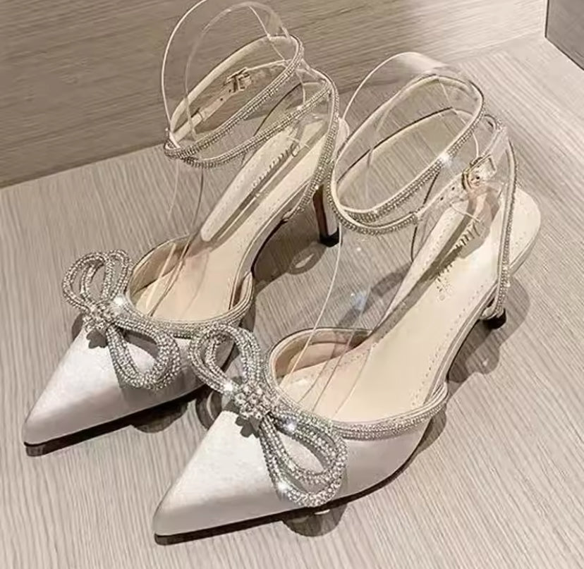 Sparkle Bow Detail Wrap-Around Satin Point-Toe Heels