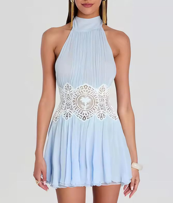 Blue Backless Lace Halter Neck Mini Dress