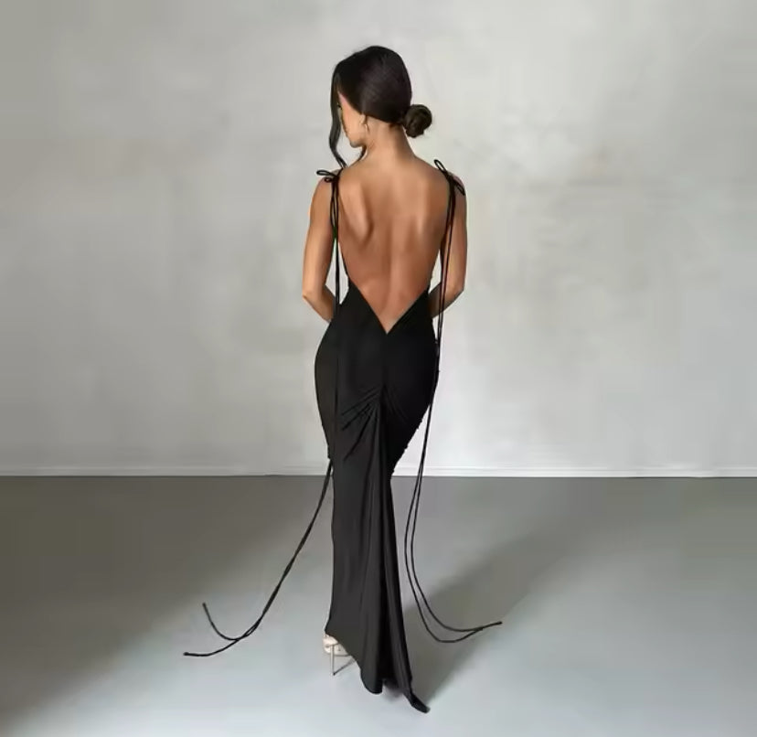 Ruched Backless Tie Up Maxi Dress