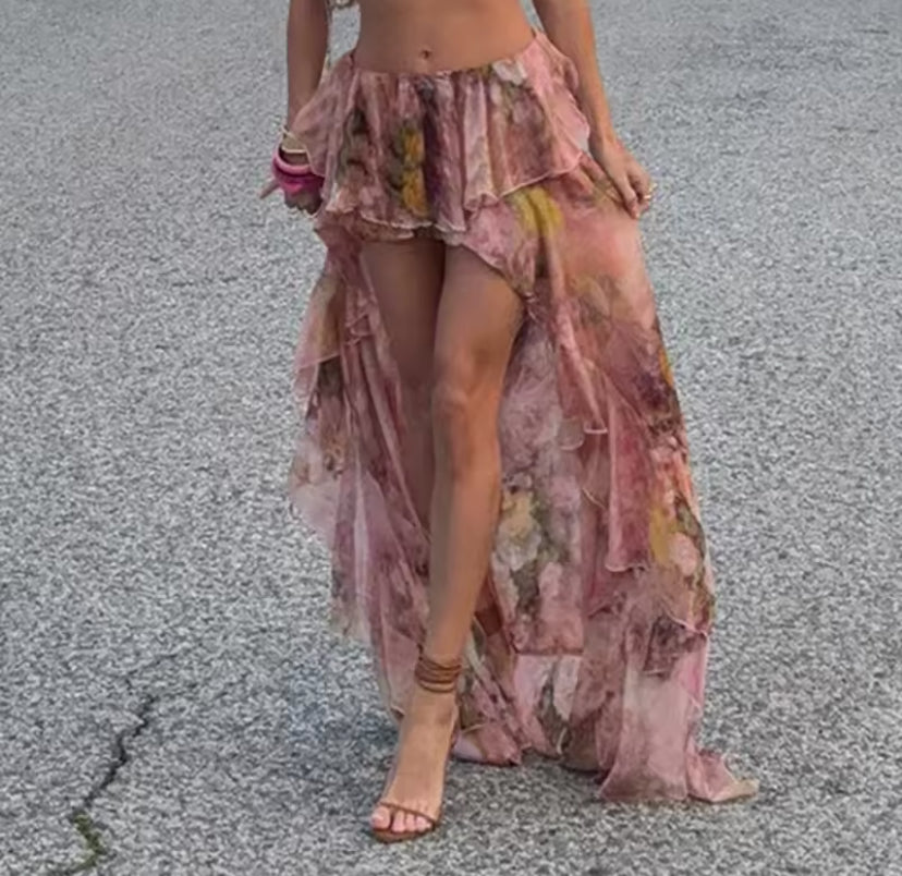 Floral Print Mesh Skirt