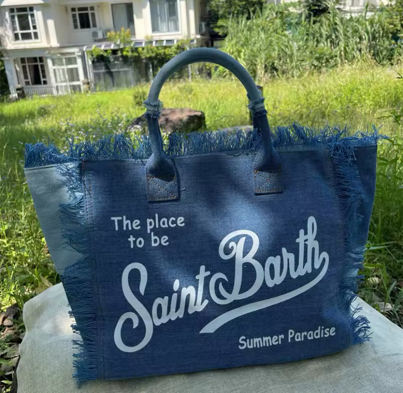 Large Slogan Print Frayed Canvas Tassel Tote Shoulder Bag