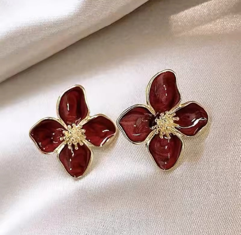 Gold Hibiscus Glazed Flower Earrings