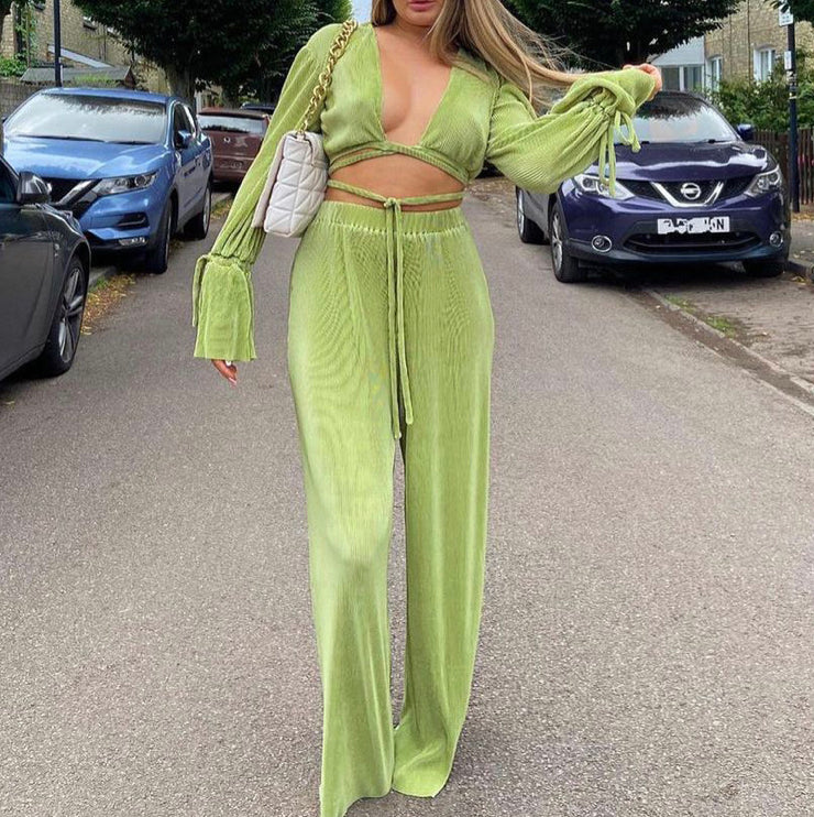 Pleated Wrap Around Trouser Set