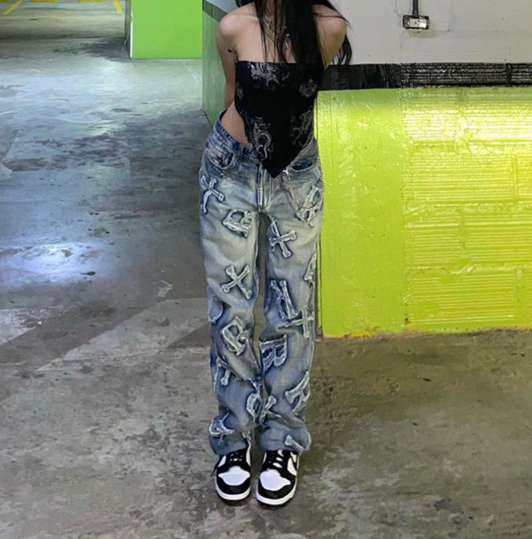 Letter Print Embroidered Jeans