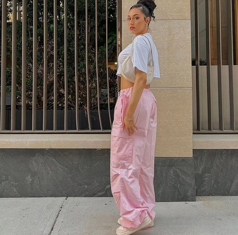 Pink Drawstring Loose Fit Cargo Pants
