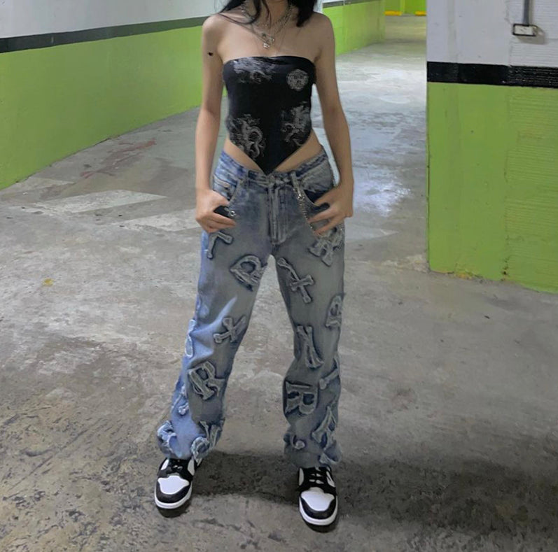 Letter Print Embroidered Jeans
