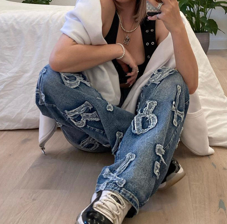 Letter Print Embroidered Jeans