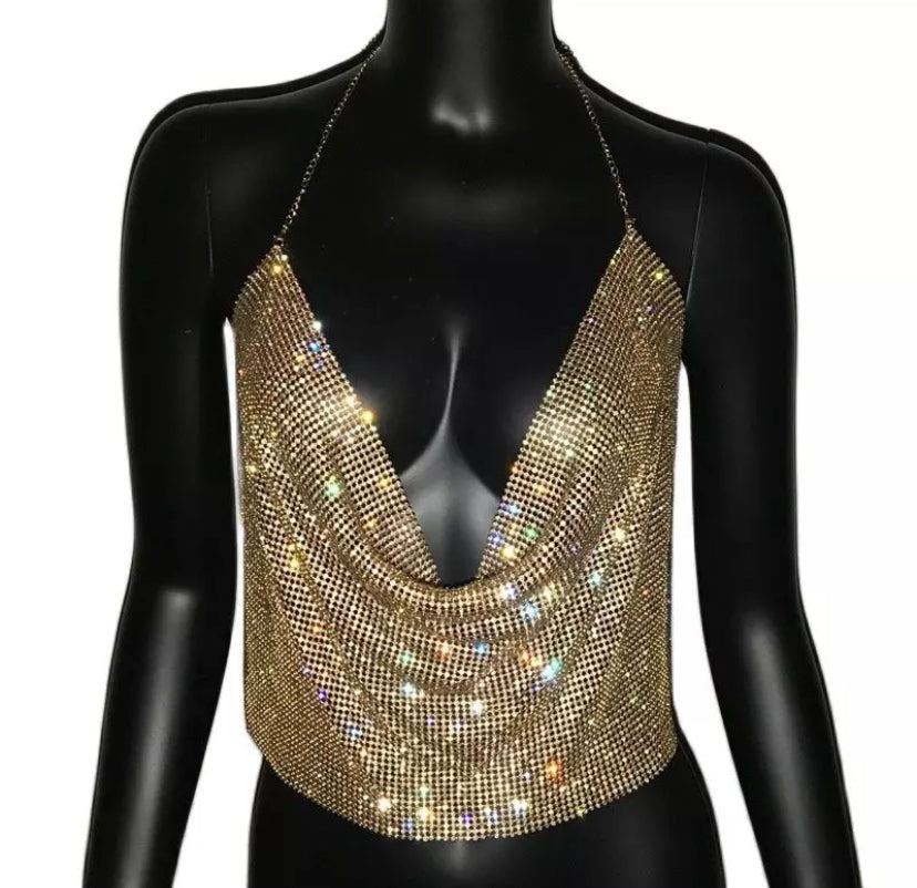 Diamanté Cowl Neck Crop Top