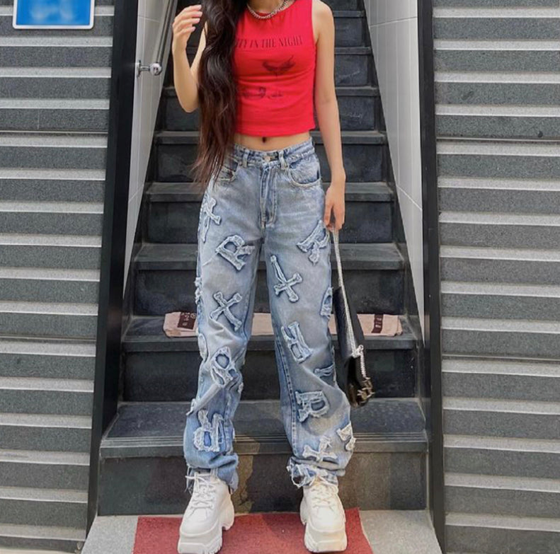 Letter Print Embroidered Jeans
