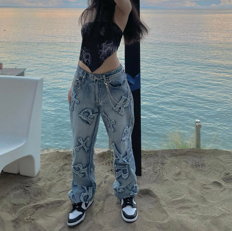 Letter Print Embroidered Jeans