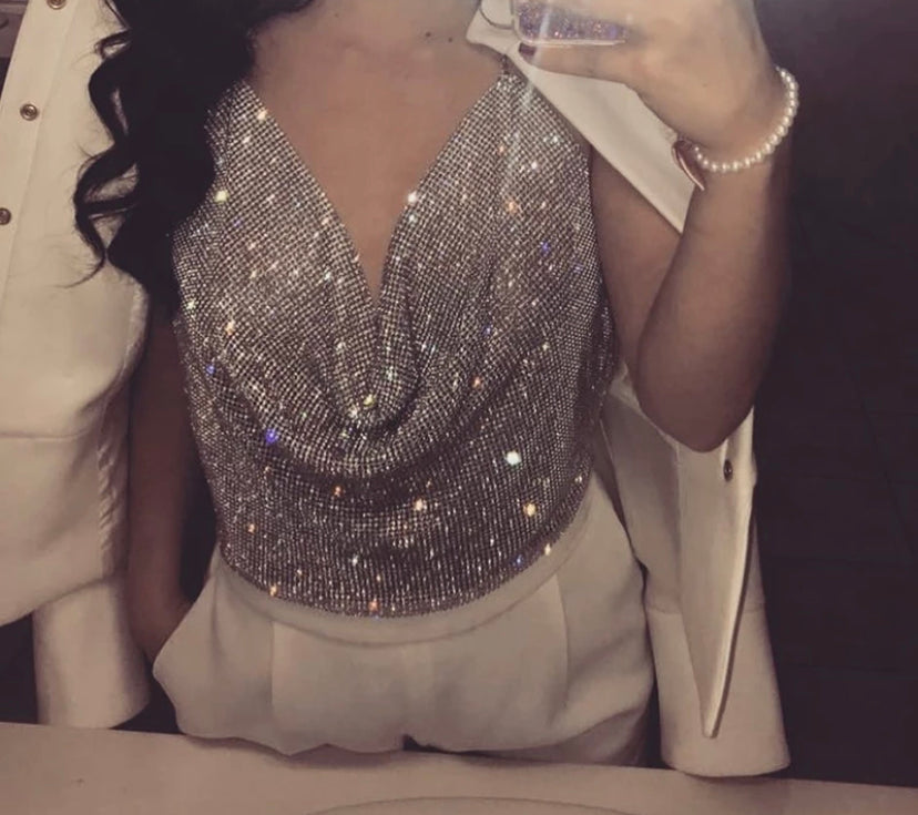 Diamanté Cowl Neck Crop Top
