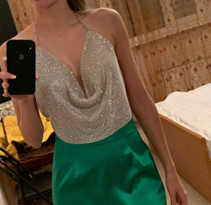 Diamanté Cowl Neck Crop Top