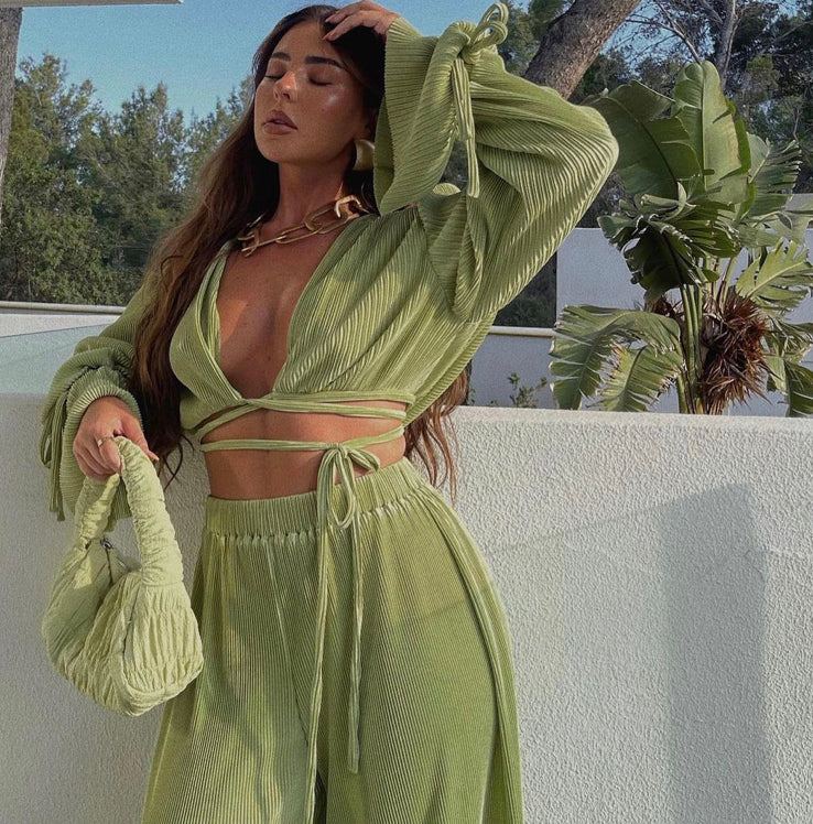 Pleated Wrap Around Trouser Set