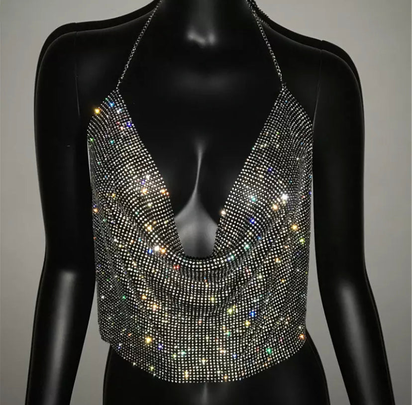 Diamanté Cowl Neck Crop Top