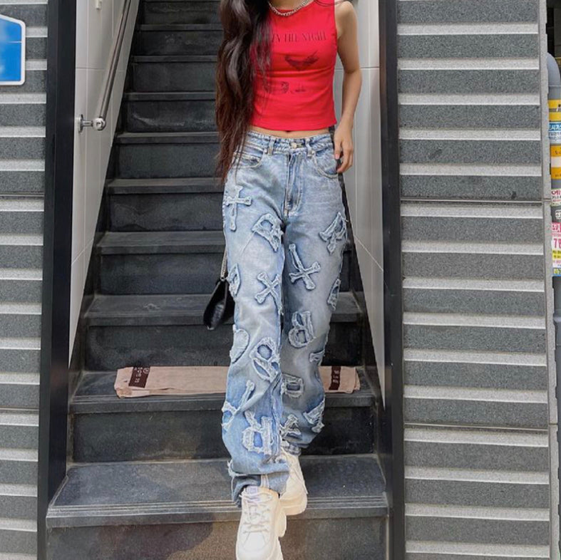 Letter Print Embroidered Jeans