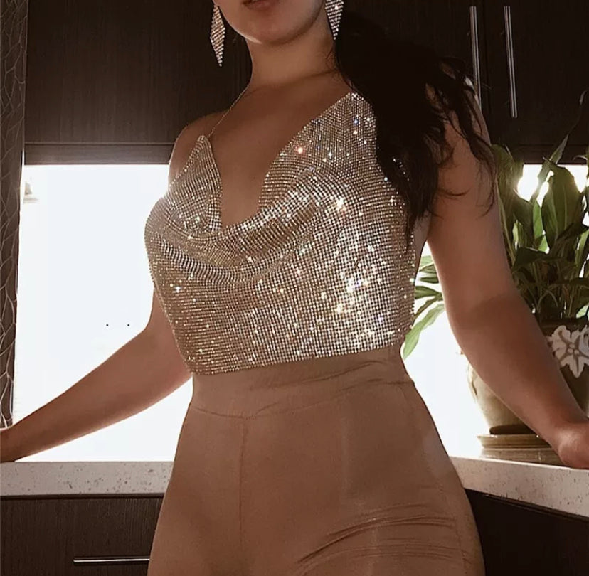 Diamanté Cowl Neck Crop Top
