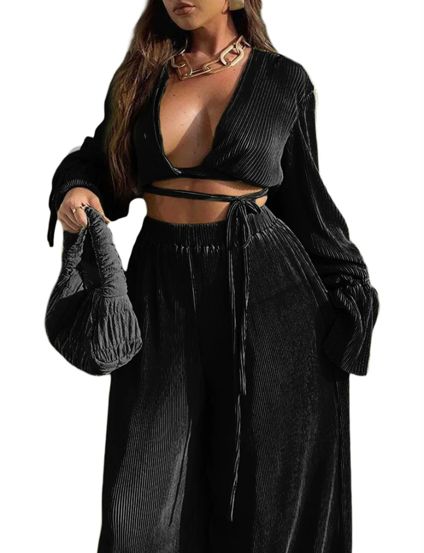 Pleated Wrap Around Trouser Set