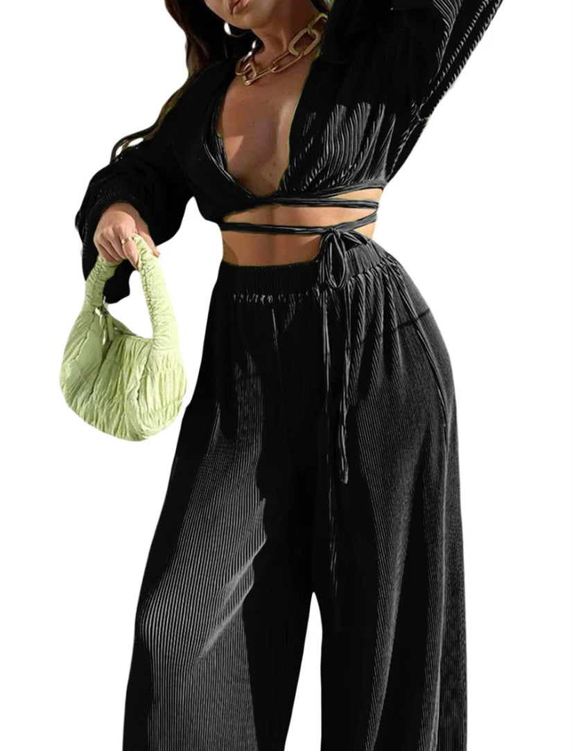 Pleated Wrap Around Trouser Set