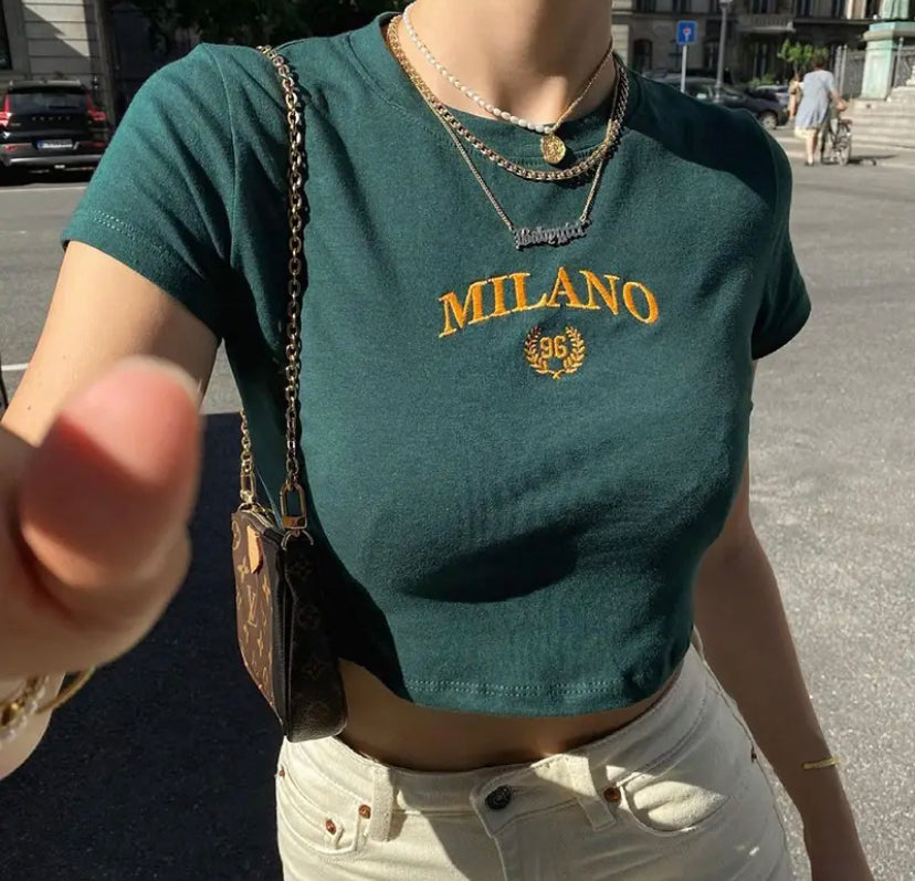 Embroidered Letter Print Crop Top