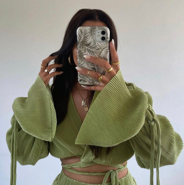 Pleated Wrap Around Trouser Set