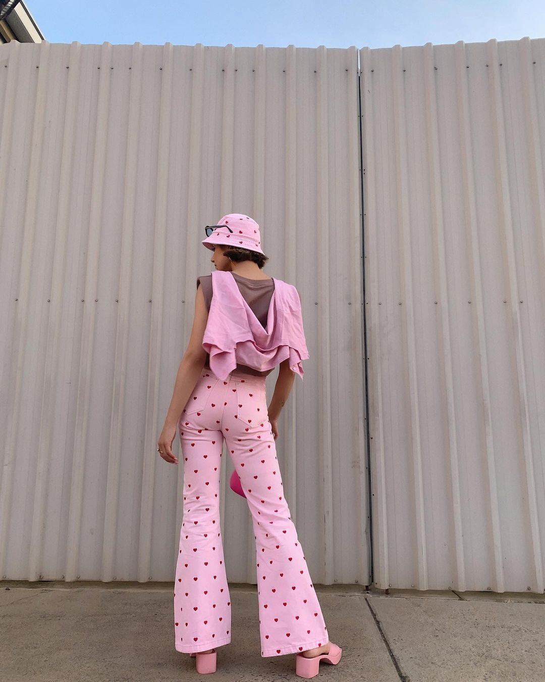 Pink Heart Print Flare Trousers