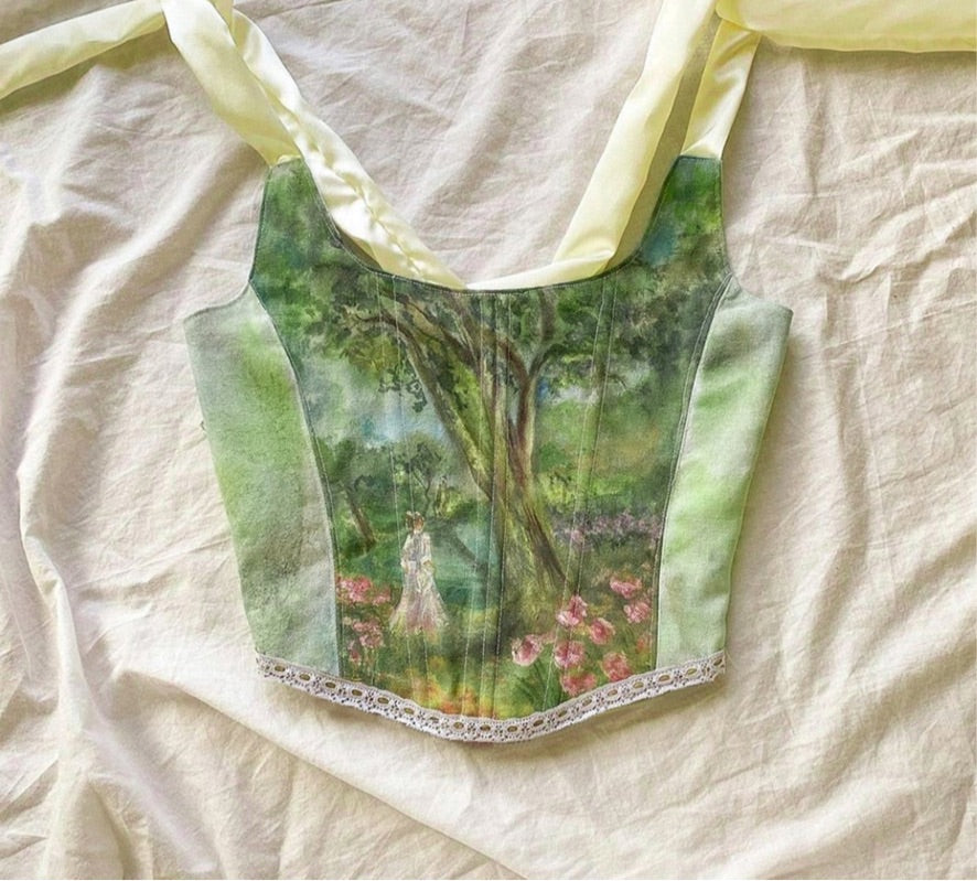 Ribbon Sleeve Art Print Corset Crop Top